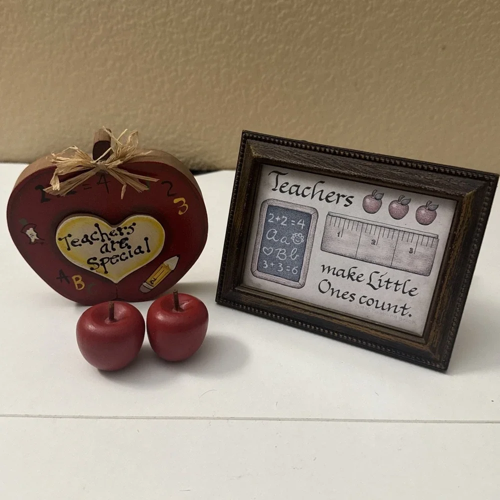 5 Vintage Folk  Art For Teachers Wood  Rustic Country Apple Decor/Frame